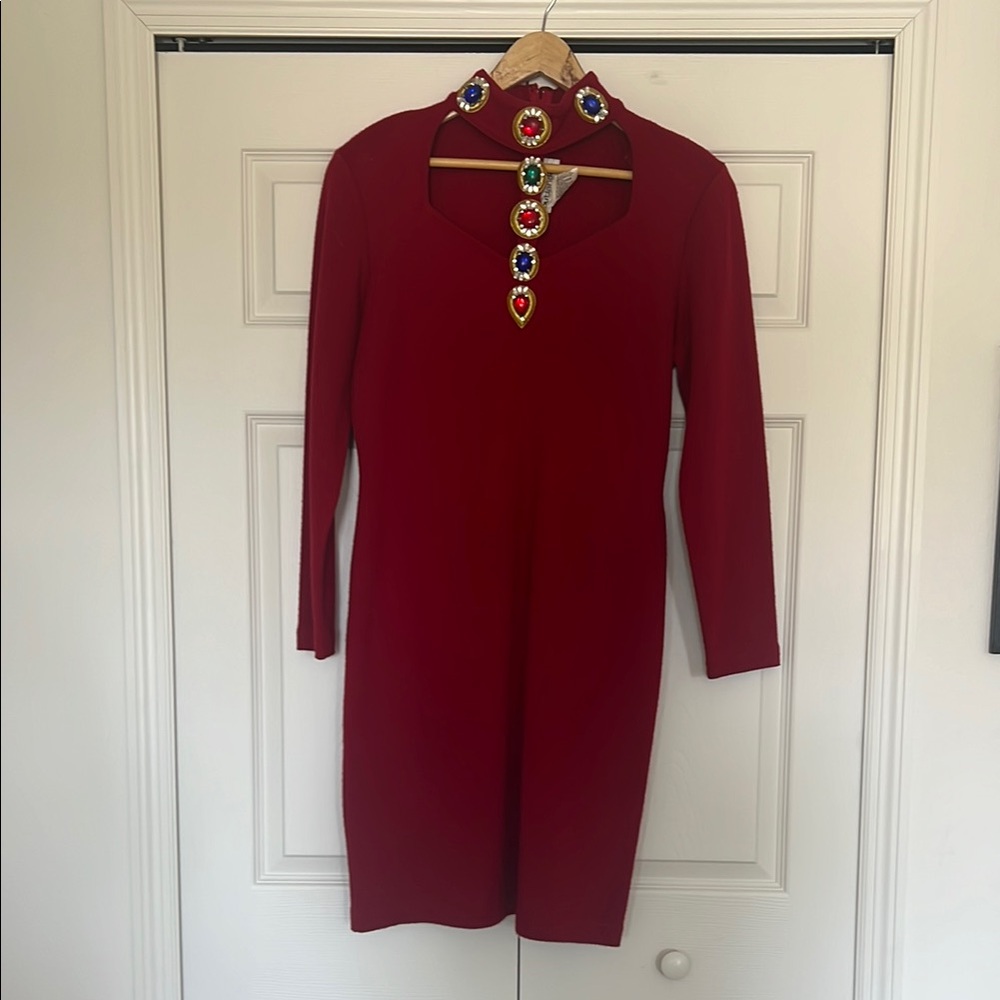 Vintage 1990s Elegant Red Dress with Jewel Accents